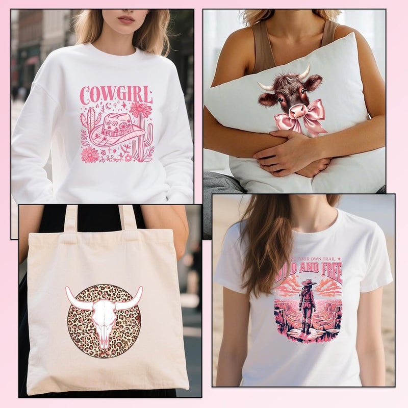 Shejdgart Dtf Transfers Ready to Press - 20 Pcs Western Cowgirl Iron on Patches for T-Shirts, Pink Coquete Bow Heat Transfer Designs Vinyl Stickers for Women, Iron on Decals for DIY Clothes Bags - Image 5